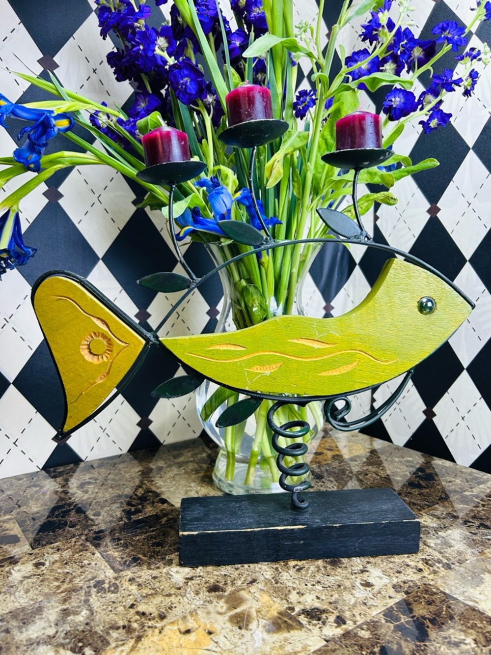 Folk Art Fish Candle Holder Wood Metal‎ Votive Sculpture Lake House Decor 15”
